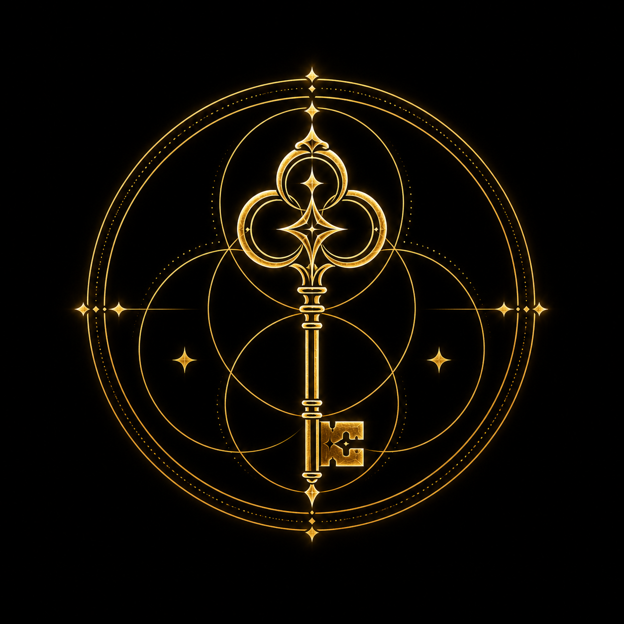Emblema dourado da Família da Abertura, com chave vertical, três círculos no arco e dentes definidos.
