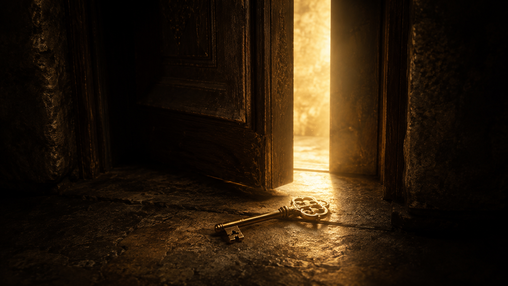 Chave dourada diante de uma porta entreaberta pela qual entra a luz.