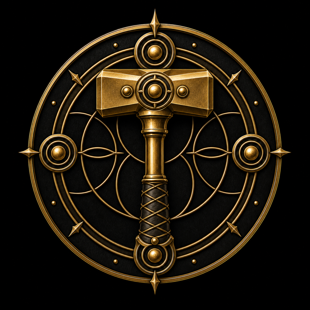 Emblema dourado da Família da Ação, com martelo vertical, cabeça simétrica e três círculos cerimoniais.