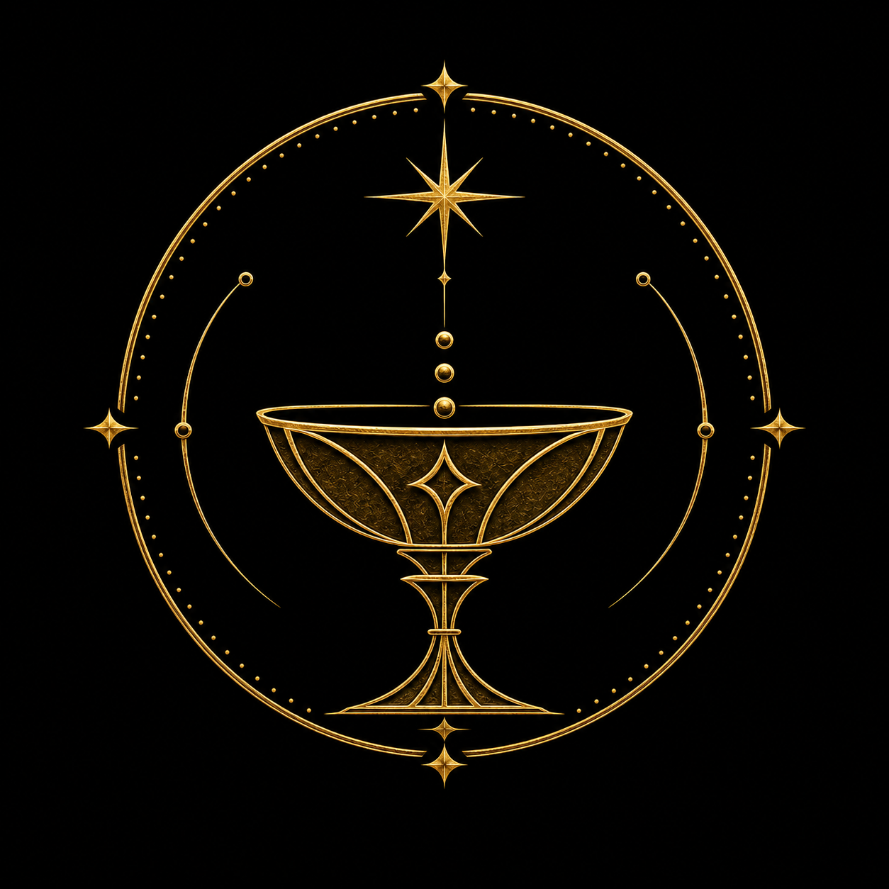 Emblema dourado da Família da Recepção — Cálice, com recipiente aberto, estrelas e círculos.