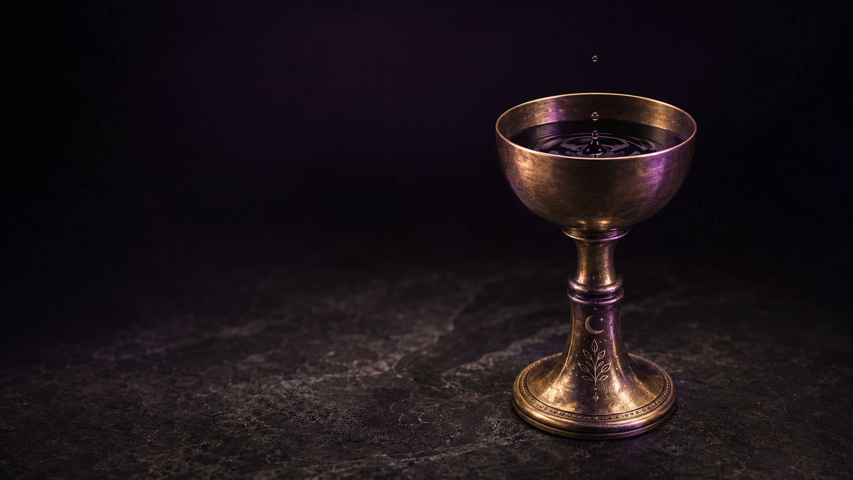 Cálice de metal dourado com água escura sob luz violeta, símbolo da recepção.