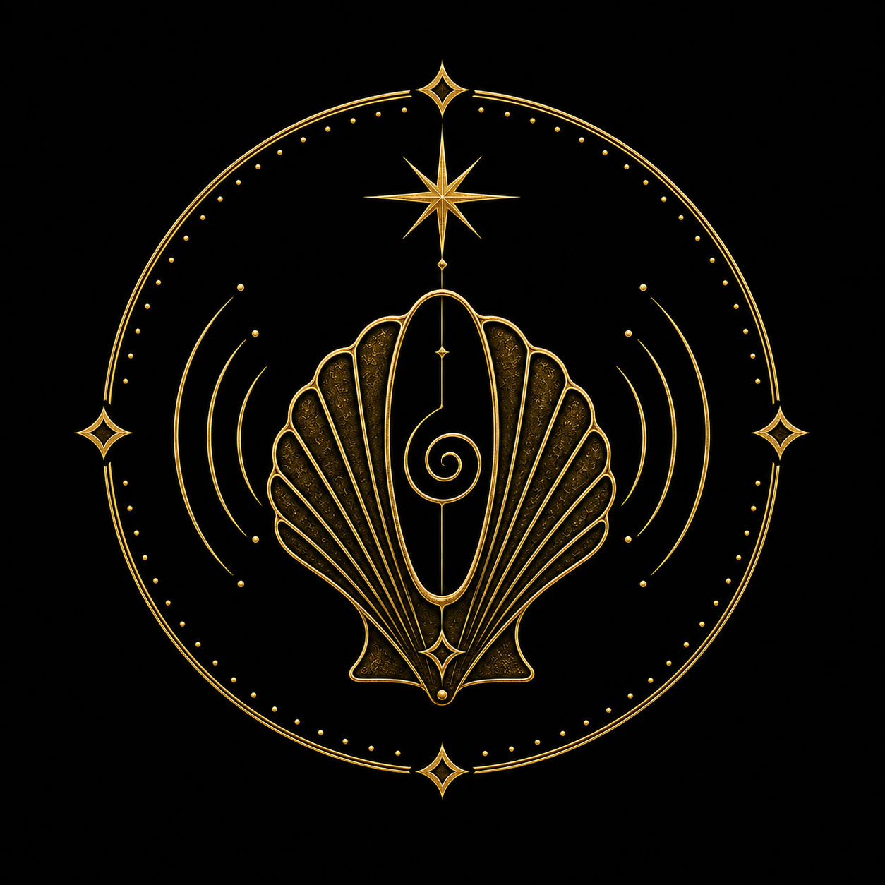 Emblema dourado da Família da Escuta — Concha, com estrela, abertura, espiral, nervuras e arcos de ressonância.