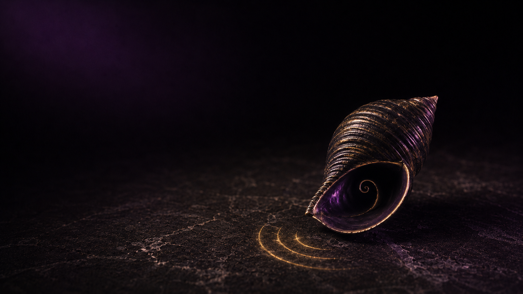 Concha escura com reflexos dourados e violetas, rodeada por ondas de ressonância.