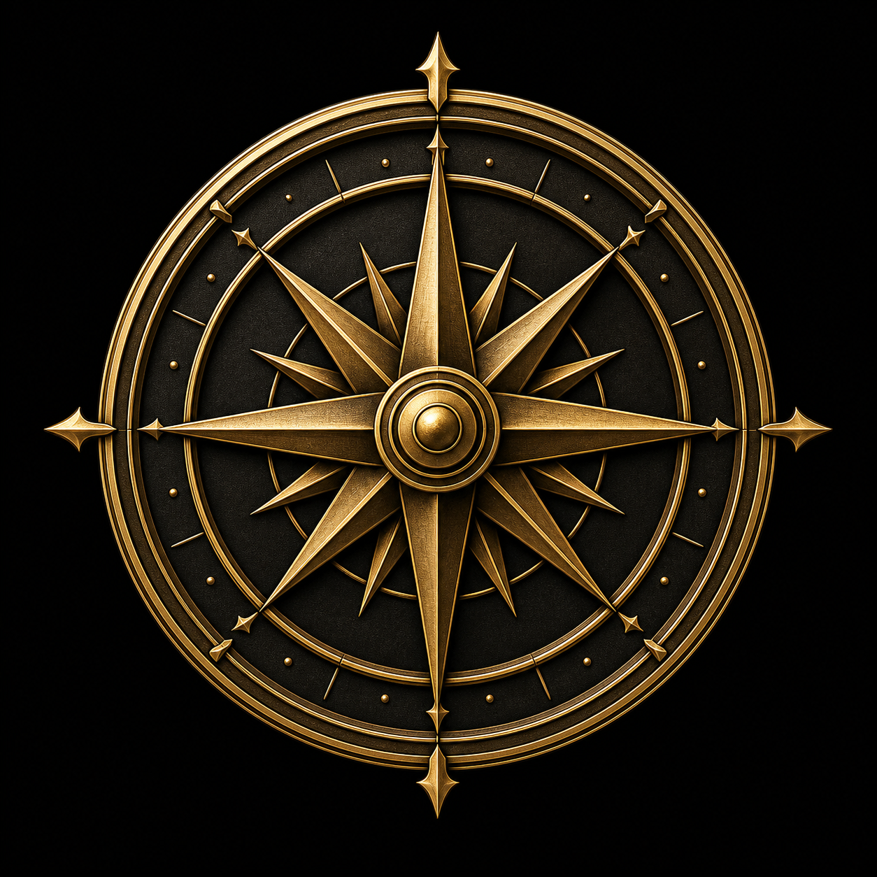 Emblema dourado da Família da Direção, com rosa dos ventos simétrica dentro de círculos concêntricos.