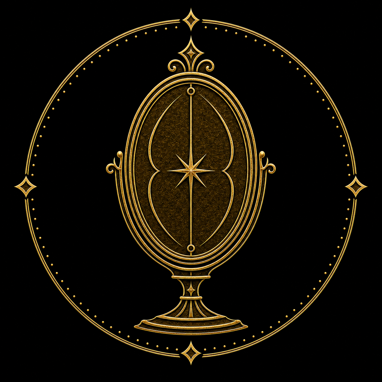 Emblema dourado da Família da Verdade Interior — Espelho, com superfície oval, linha central, estrela e formas simétricas.