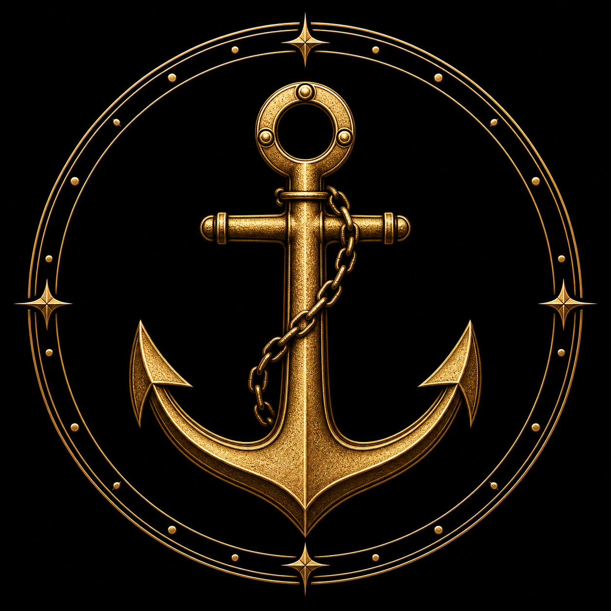 Emblema dourado da Família da Estabilidade, com âncora vertical, braços simétricos, corrente e três círculos integrados na argola.