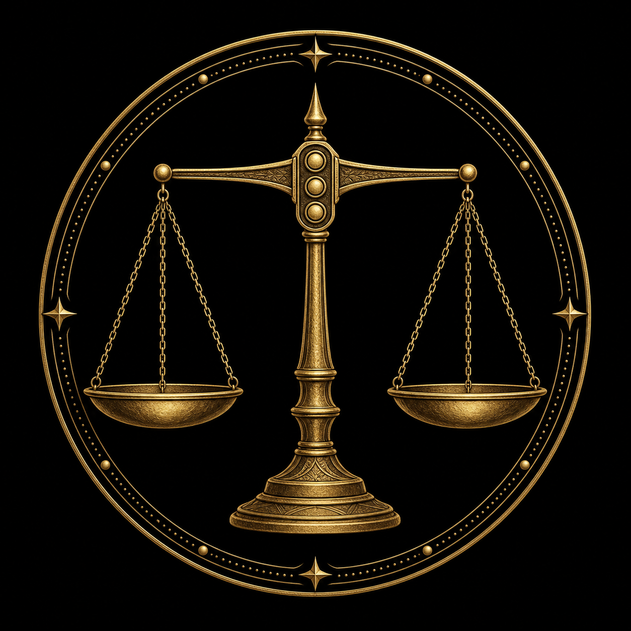 Emblema dourado da Família da Medida, com balança vertical simétrica, dois pratos e três círculos integrados no fulcro.