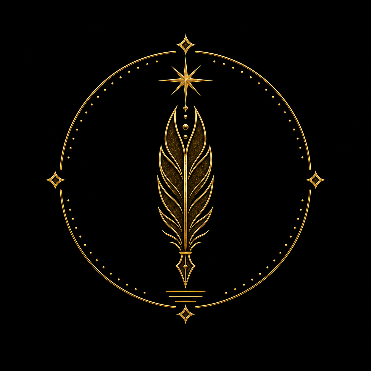 Emblema dourado da Família da Tradução — Pena, com estrela, pluma, ponta de escrita e três traços.