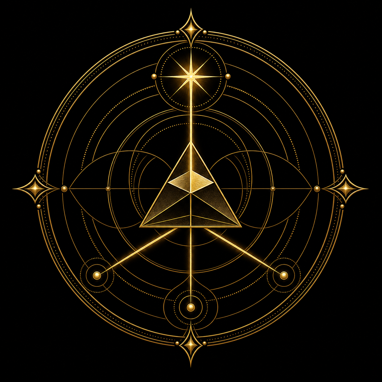 Emblema dourado da Família da Pluralidade — Prisma, com prisma triangular, feixes e círculos concêntricos.