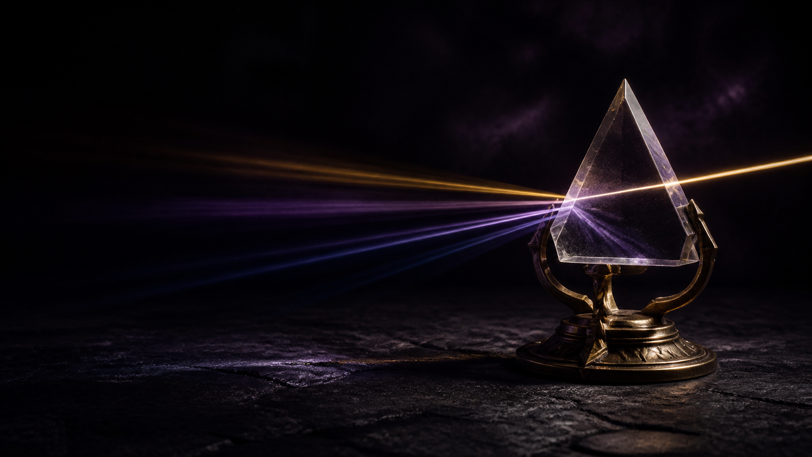 Prisma de cristal em suporte de bronze separando um feixe dourado em raios violetas sobre pedra escura.