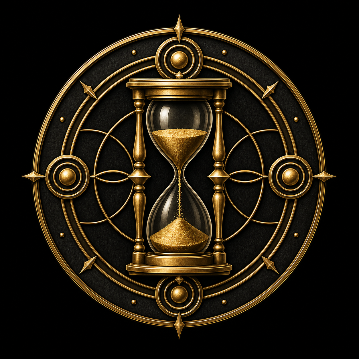 Emblema dourado da Família do Tempo, com ampulheta vertical, areia em passagem e três elementos circulares.