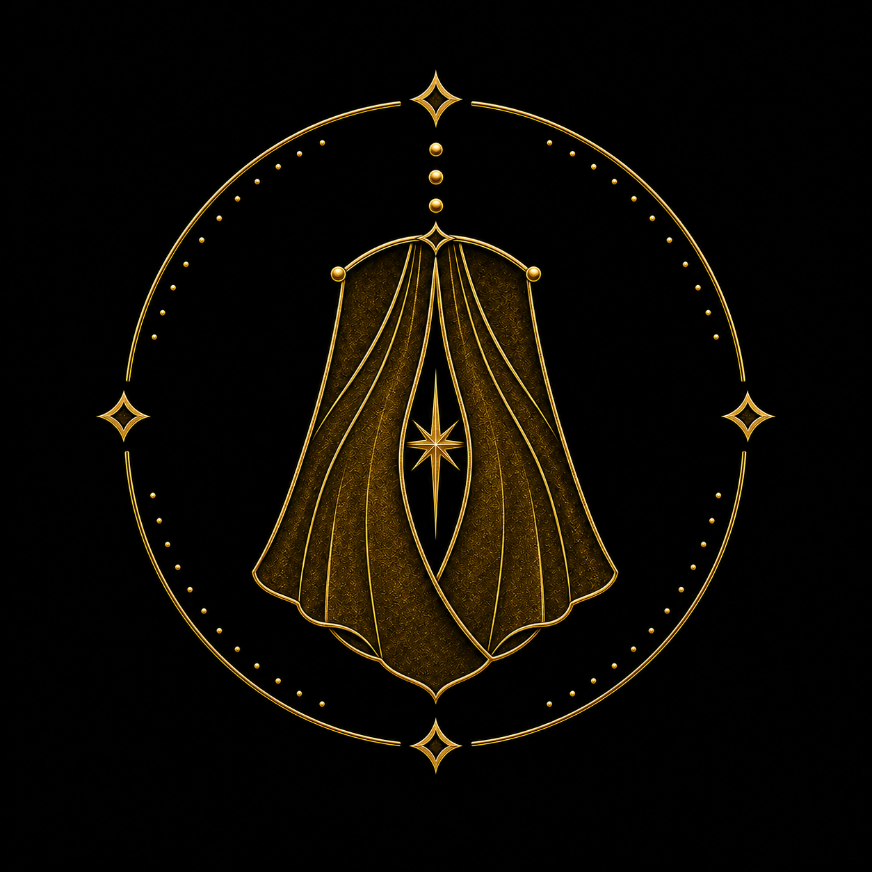 Emblema dourado da Família do Segredo — Véu, com camadas de tecido, abertura estreita e estrela protegida.