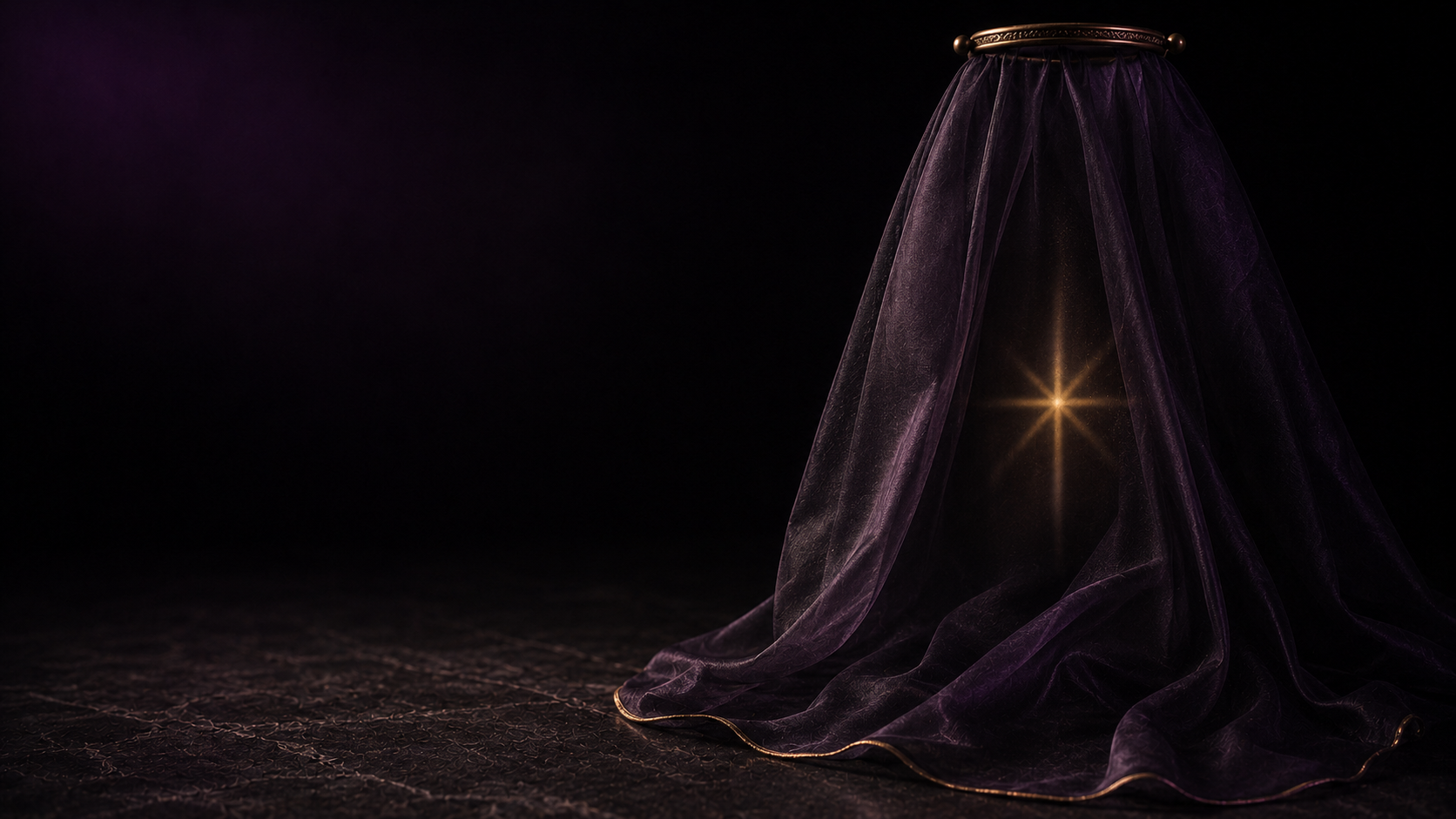 Véu violeta escuro protegendo uma estrela dourada ainda parcialmente oculta.
