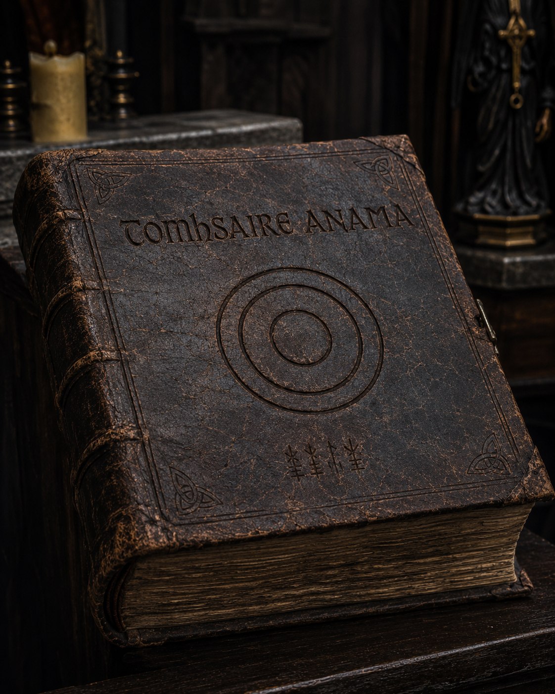 O Livro da Mátra sobre uma mesa escura.