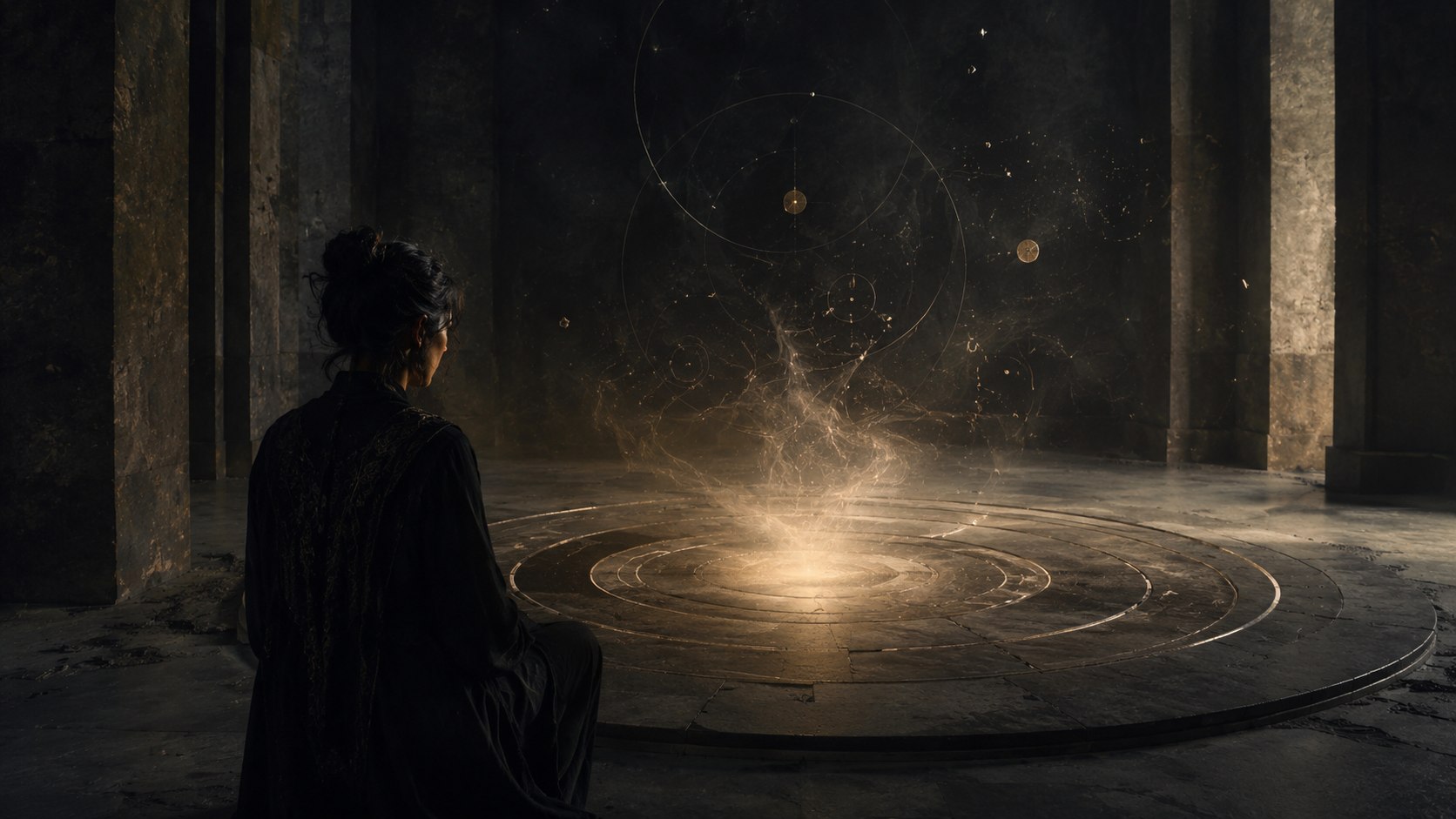 Uma pessoa observa um círculo de luz que se forma diante dela.