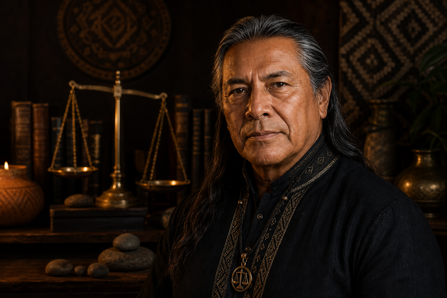 Retrato de Aritana Vale, Elementar sénior de origem ameríndia da Família da Medida — Balança, diante de uma balança ritual.