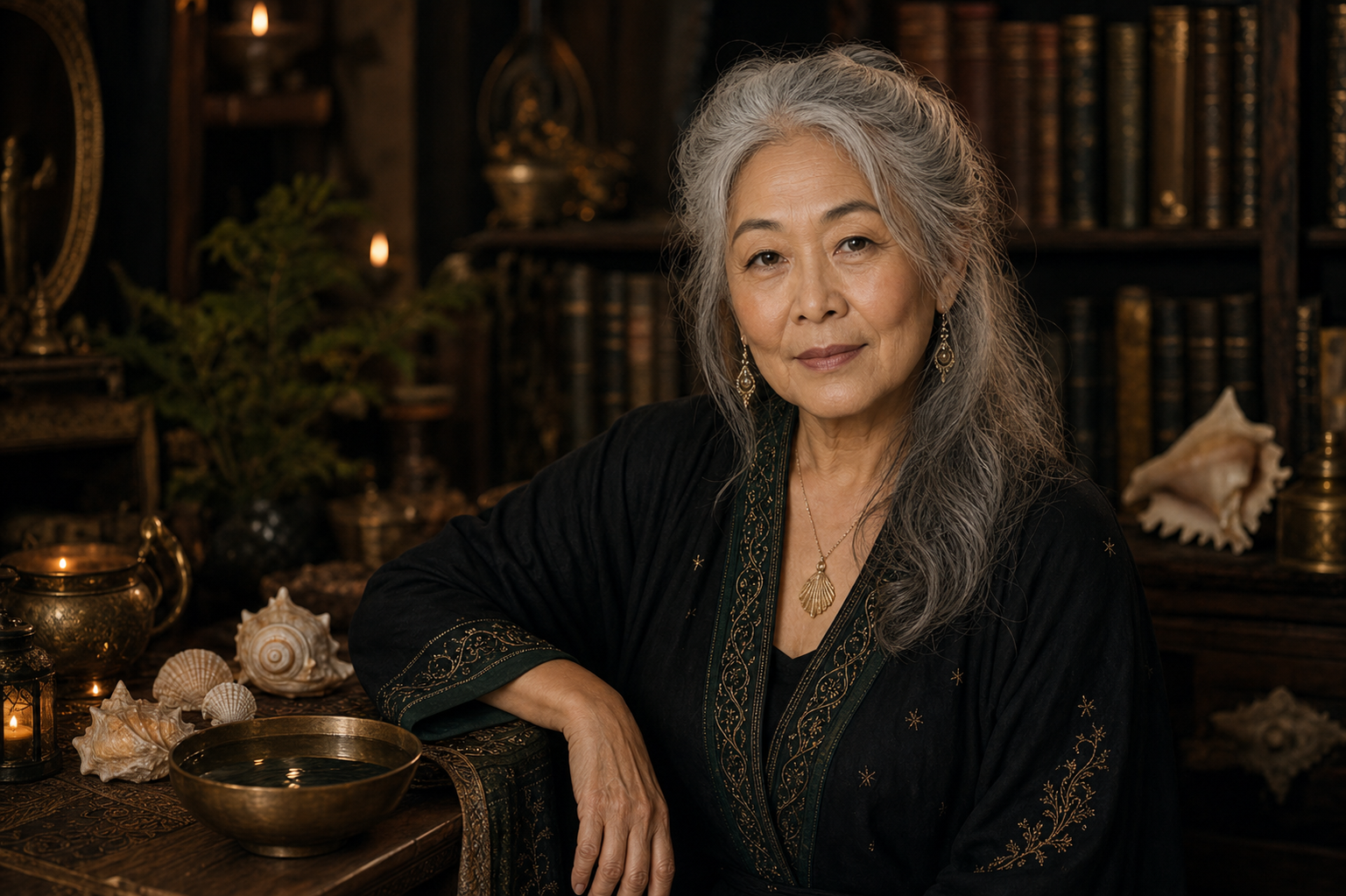 Retrato de Hana Mori, Encantadora sénior da Família da Escuta — Concha, num gabinete ritual com conchas, água e livros.