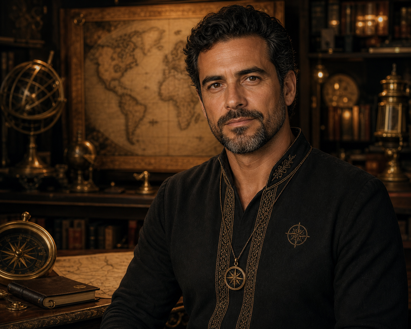 Retrato de Rafael Azevedo, Elementar da Família da Direção — Bússola, diante de mapas e instrumentos de navegação.
