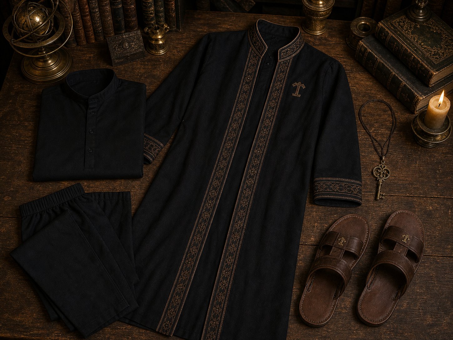Componentes do primeiro traje de graduação de um Elementar: blusa interior, túnica comprida, calças, sandálias de couro e cordão de família.