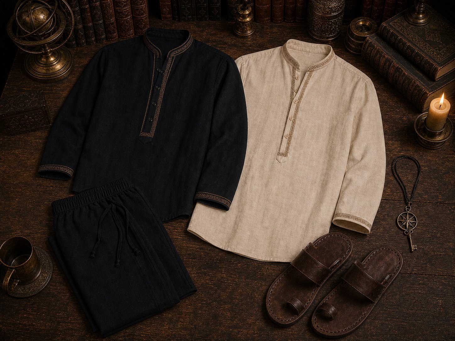 Segundo traje não oficioso de Elementar masculino com blusa escura, blusa clara, calças discretas e sandálias de couro.