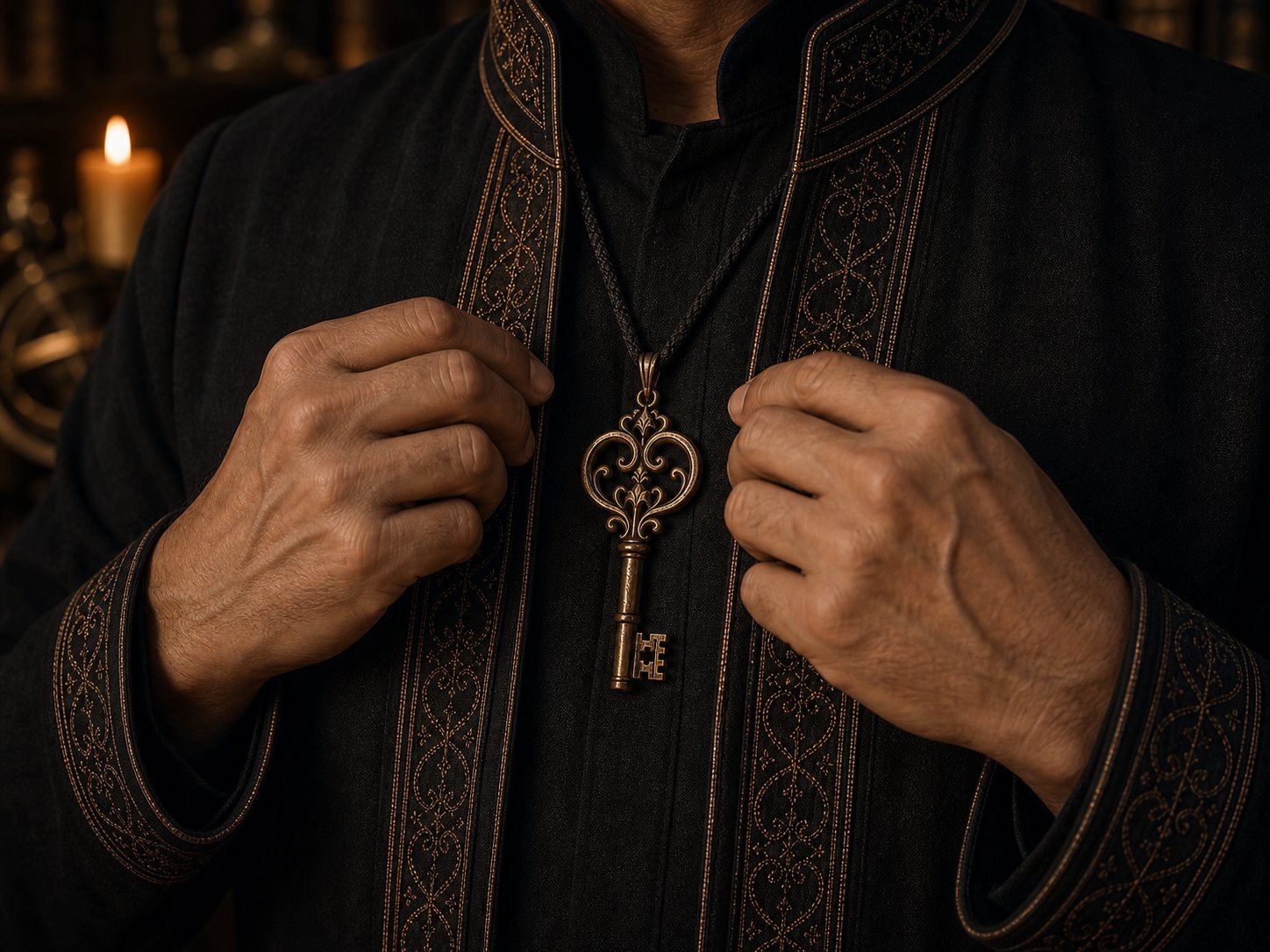Mãos centrando o cordão com símbolo de família sobre o traje.